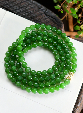 天花板级天然和田玉俄料碧玉圆珠项链冰底阳绿8mm佛珠链简约百搭