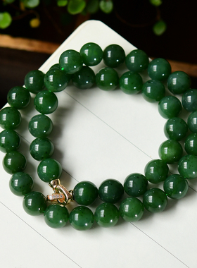 天然俄料碧玉菠菜绿12mm项链珠链辣阳绿圆珠绿色单圈女礼物妈妈链