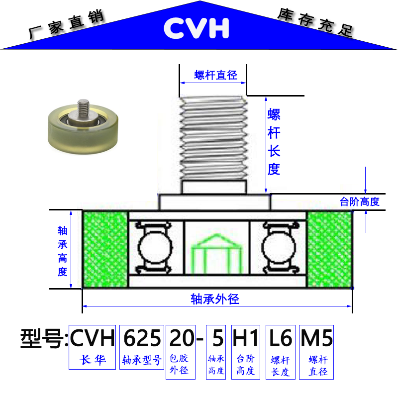 C-TMBH带螺丝外螺纹型聚氨酯包胶轴承带轴杆M6M8M10静音软胶滚轮-图2