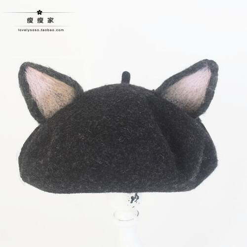 瘦瘦家羊毛毡深麻灰猫耳朵贝雷帽女秋冬季日系百搭毛呢网红画家帽 - 图0