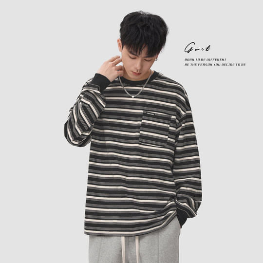 GWIT 美式复古潮牌体恤春秋内搭上衣情侣打底衫圆领条纹长袖T恤男