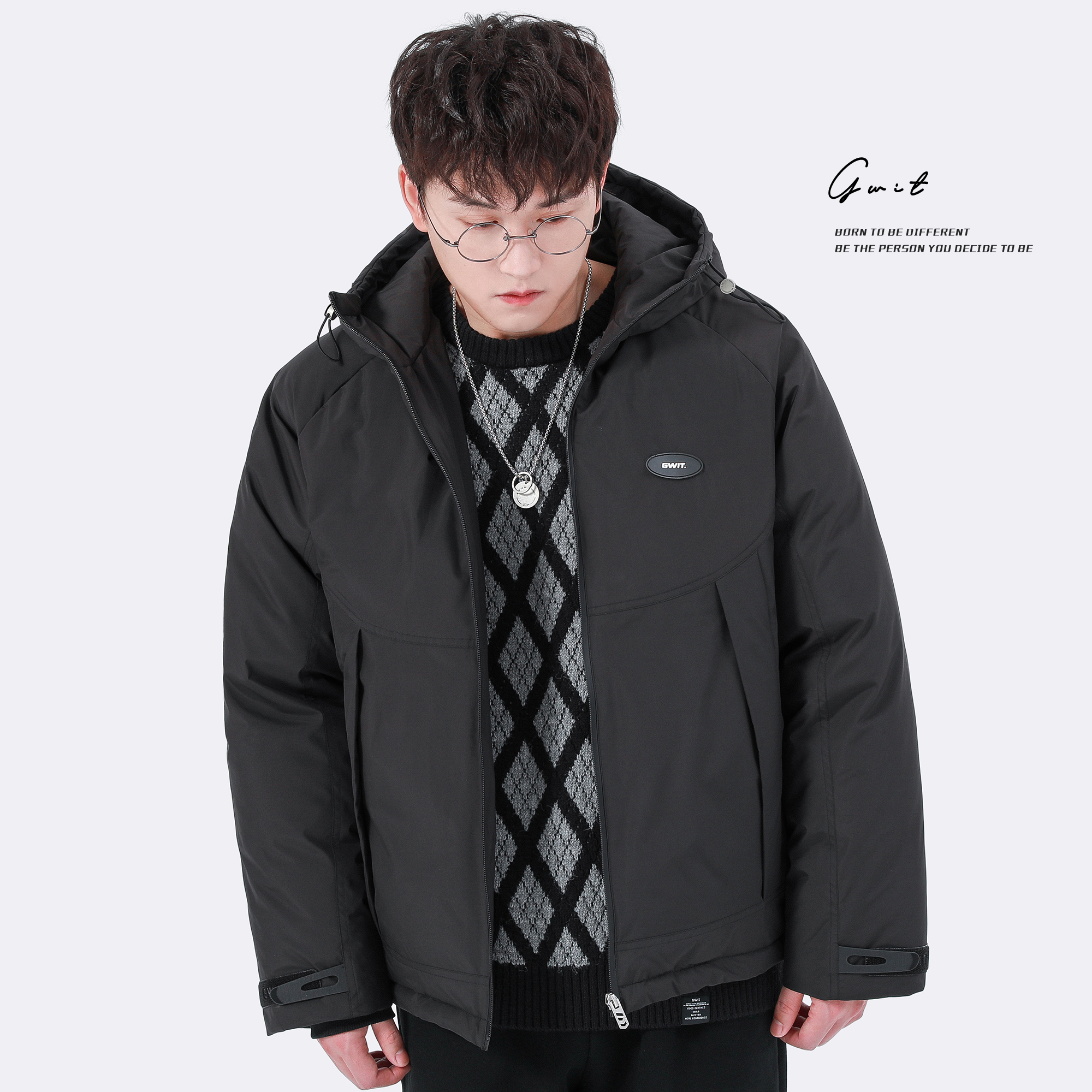 GWIT 90绒双胆横绗 冬季新款保暖冲锋衣外套加厚工装连帽羽绒服男 - 图0