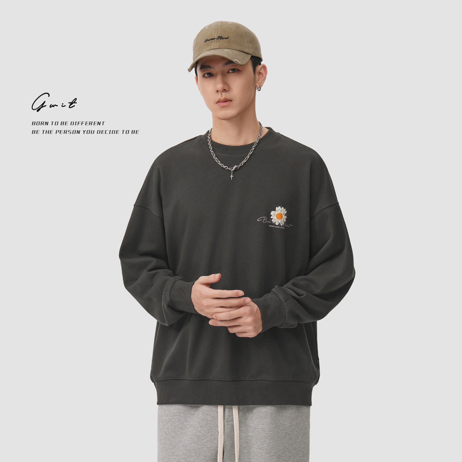 GWIT 美式复古雏菊印花春秋休闲上衣套头衫潮牌长袖圆领卫衣男,淘宝优惠券,粉丝福利购,淘宝优惠卷