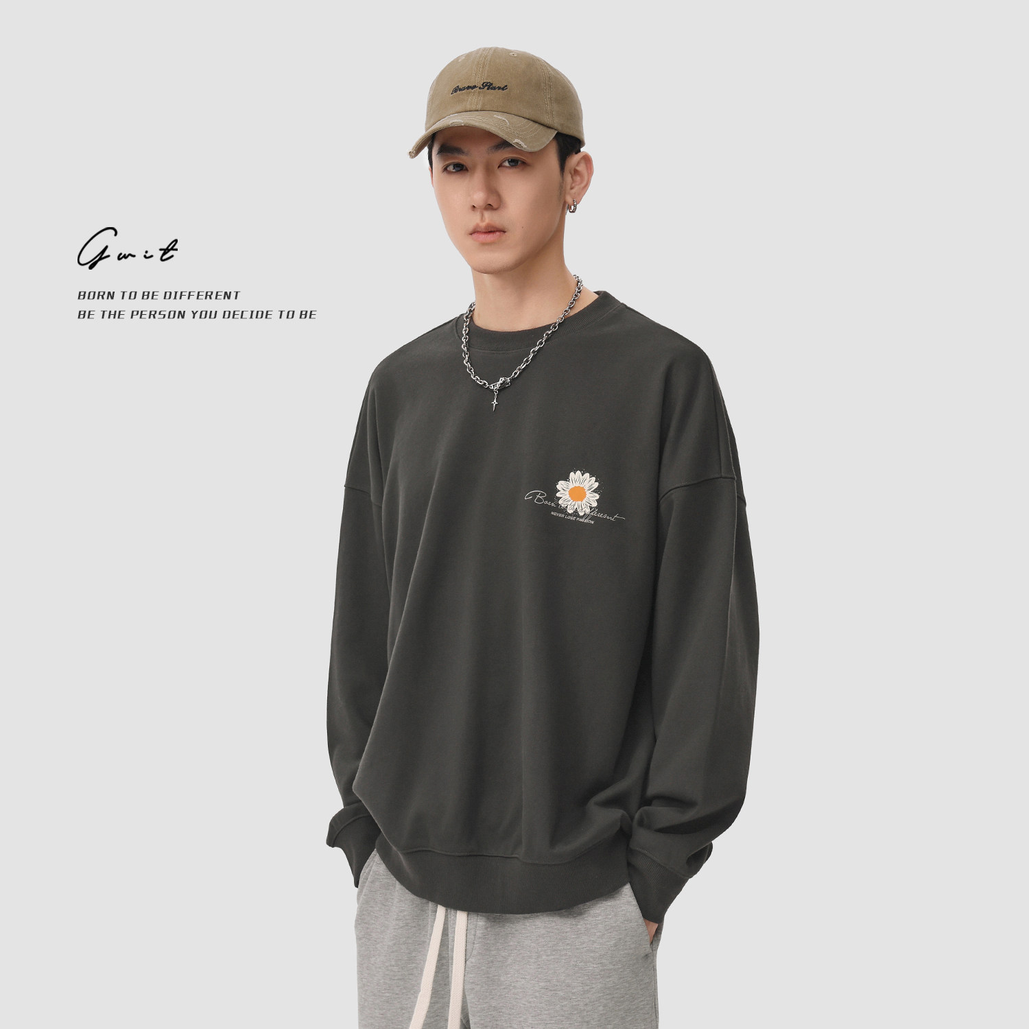 GWIT 美式复古雏菊印花春秋休闲上衣套头衫潮牌长袖圆领卫衣男,淘宝优惠券,粉丝福利购,淘宝优惠卷