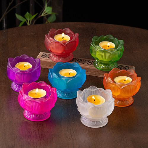 七彩琉璃莲花烛台摆件家用酥油蜡烛灯座佛前创意荷花酥油灯 - 图1