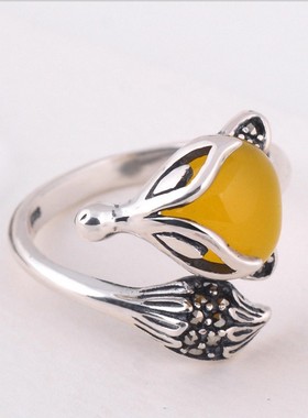 马赛克复古狐狸戒托镶蜜蜡戒指