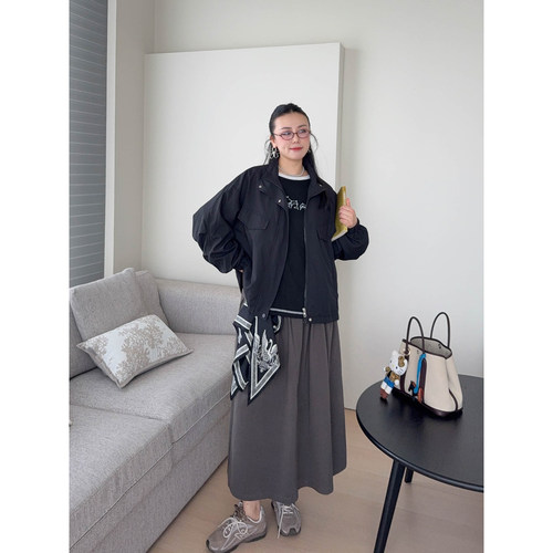 VOGANA戛纳家大码女装高街美式复古工装半身裙秋高腰显瘦A字伞裙 - 图1