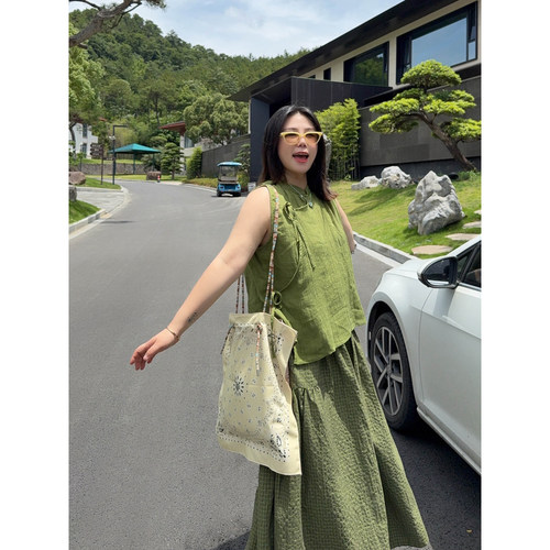 VOGANA戛纳家大码女装都市轻中式绑带高極苎麻透气宽松显瘦背心夏 - 图0