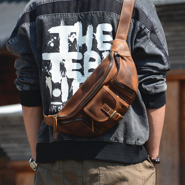 Original cowhide men's waist bag retro breast bag