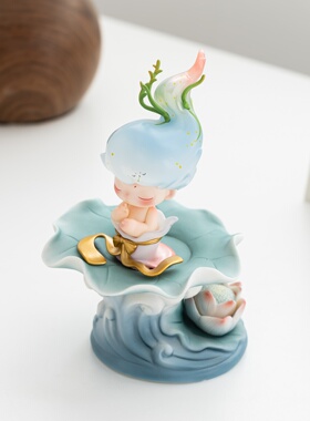 海浪荷叶莲台陶瓷底座国风摆件
