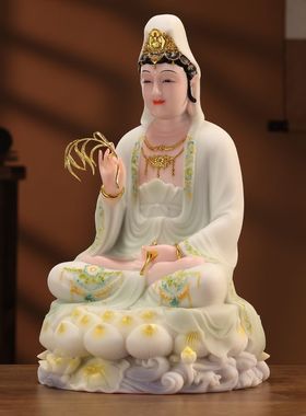 汉白玉坐莲观音菩萨家用供奉摆件客厅博古架供奉观自在观世音神像