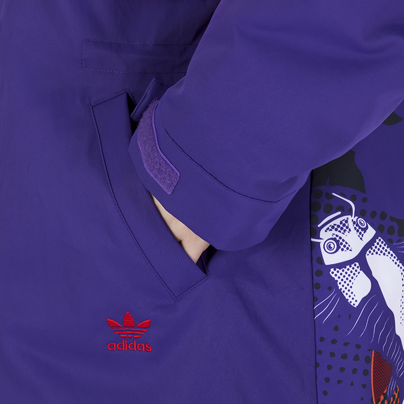 Adidas阿迪达斯正品三叶草女装连帽印花中长款运动休闲棉衣GN4742