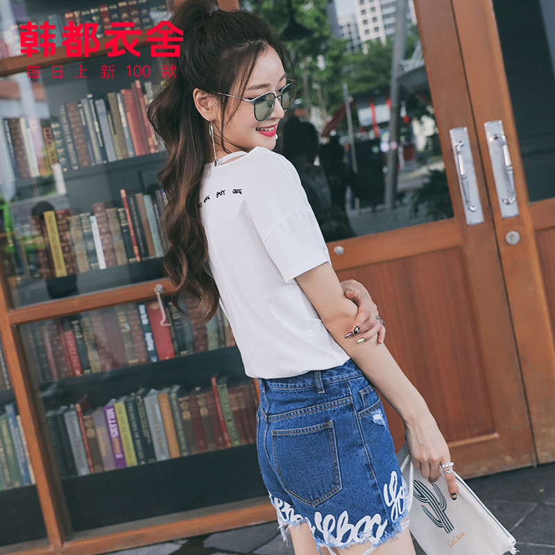 韩都衣舍2021新款夏装v领宽松t恤 韩都衣舍敏丽T恤