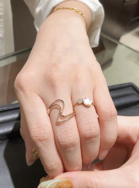 回馈款 丝带 极简nojes*锁链交叉曲线波浪925银镀金戒指个性百搭