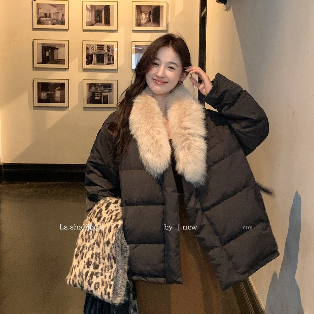 LS述致 大毛领白鸭绒羽绒服女2025冬季新款短款小个子上衣外套Y17 - 图1