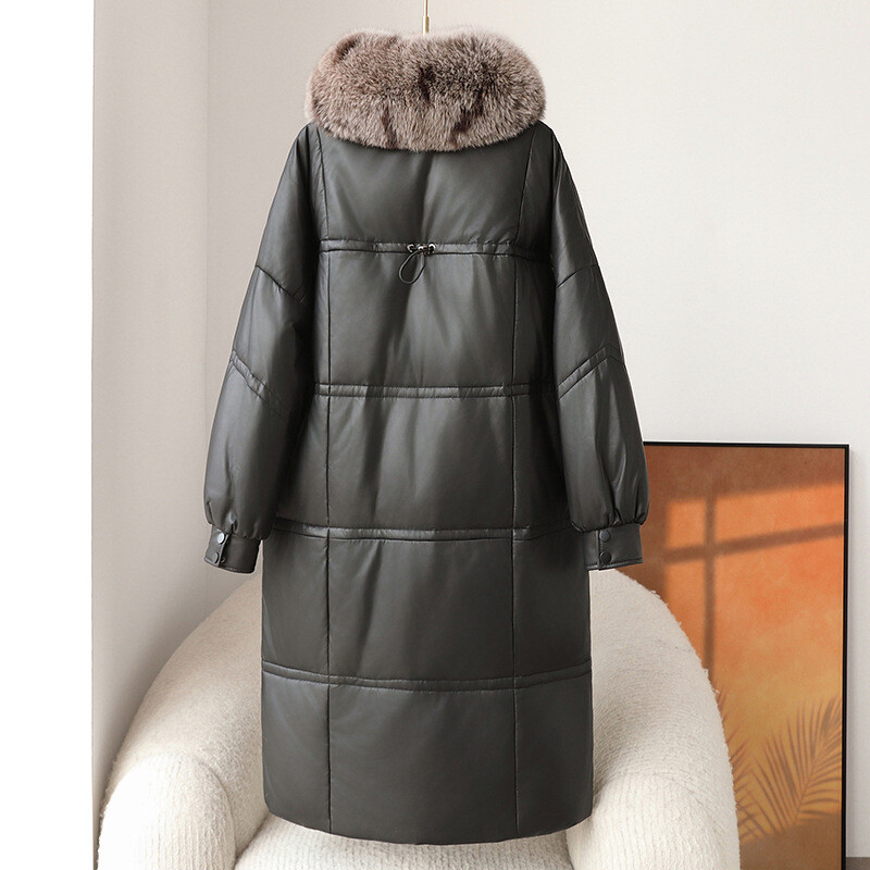 海宁真皮绵羊皮羽绒服女长款鹅绒加厚保暖狐狸毛领宽松皮草外套女 - 图0