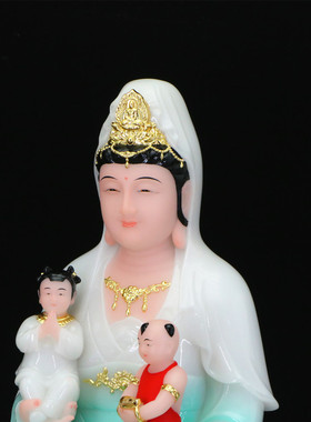 汉白玉送子观音像双送子观音观世音菩萨佛像客厅供奉家用摆件