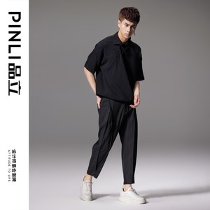 PINLI品立裁魂2024夏季新款暗纹肌理九分裤设计感拼接潮男休闲裤