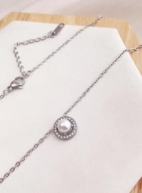 满钻珍珠圆形吊坠钛钢保色防过敏