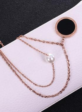 黑白双面罗马数字圆牌珍珠毛衣链