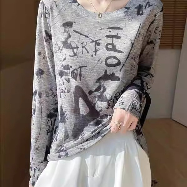 复古扎染印花长袖T恤女春季薄款防晒空调衫天丝莱赛尔内搭打底衫