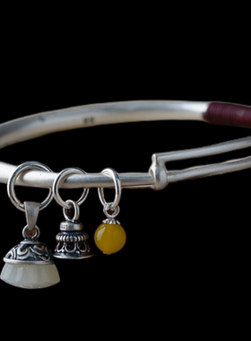 女款银镶嵌和田玉银手镯流苏DIY配件925银复古工艺饰品鱼莲花荷叶