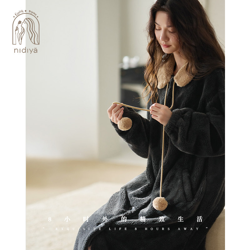 妮狄娅睡衣睡袍女冬季加厚保暖珊瑚绒减龄娃娃领复古中长袍家居服,淘宝优惠券,粉丝福利购,淘宝优惠卷