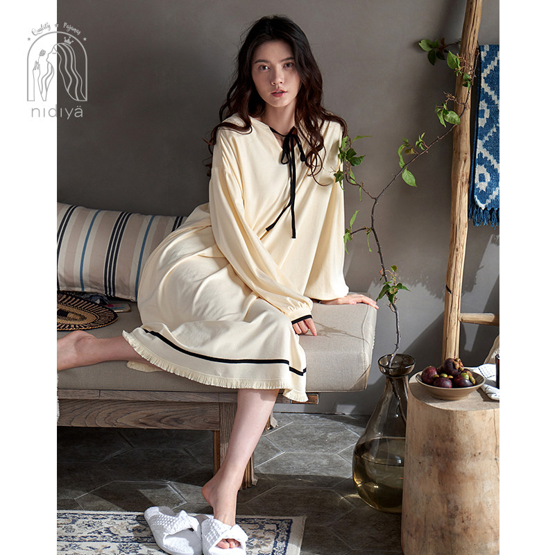 妮狄娅春秋纯棉长袖简约中长款睡裙 妮狄娅服饰睡裙