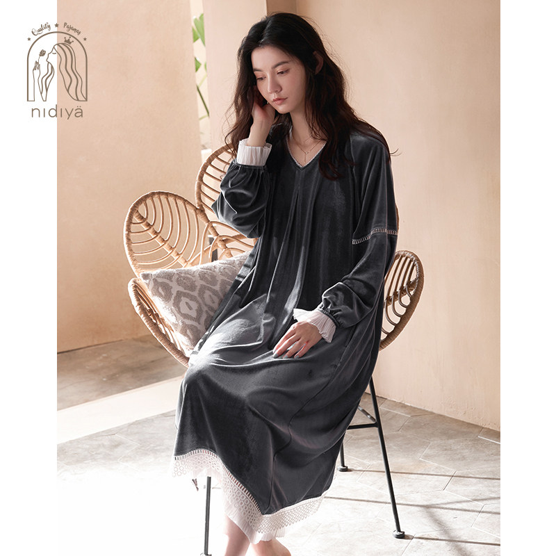 妮狄娅秋冬金丝绒长袖冬可外穿睡裙 妮狄娅服饰睡裙