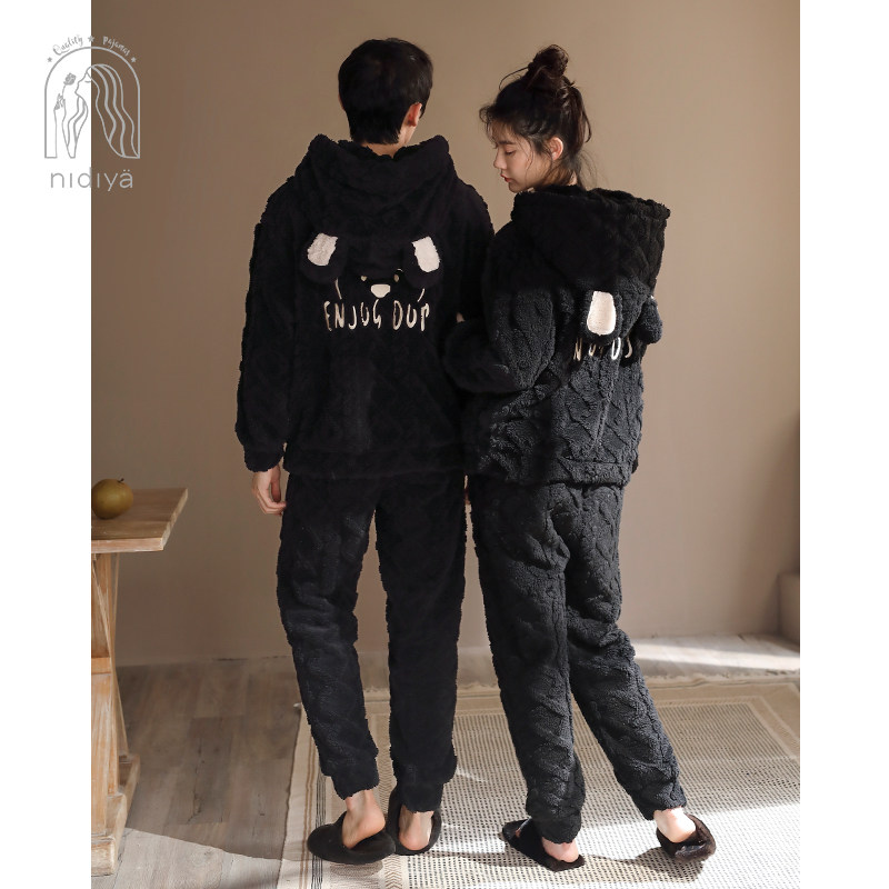 妮狄娅新款情侣睡衣女冬珊瑚绒格子长袖连帽套头男保暖家居服套装,淘宝优惠券,粉丝福利购,淘宝优惠卷