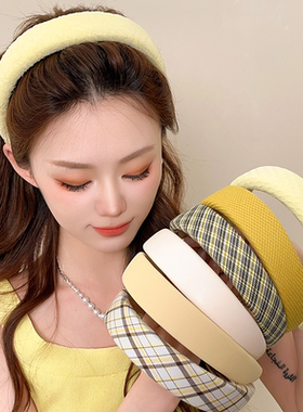 高级感奶油黄格纹宽边发箍女