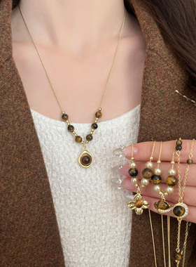 复古轻奢虎眼石串珠项链女