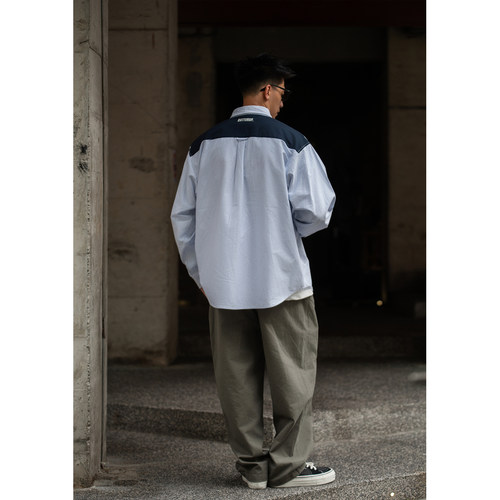 Batterup春秋新款日系cityboy蓝色条纹宽松纯棉拼接长袖衬衫男潮 - 图1