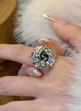法式银黑色立体玫瑰花朵戒指女ins冷淡风欧美潮酷辣妹高级食指戒