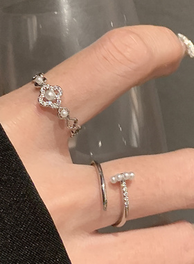 法式浪漫花朵镶钻钉子戒指女小众设计感气质珍珠戒开口可调节微镶