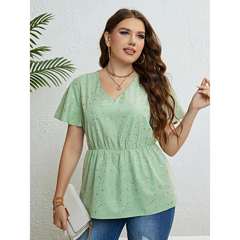 plus size women summer blouse 2023夏季大码V领收腰显瘦上衣女 - 图1