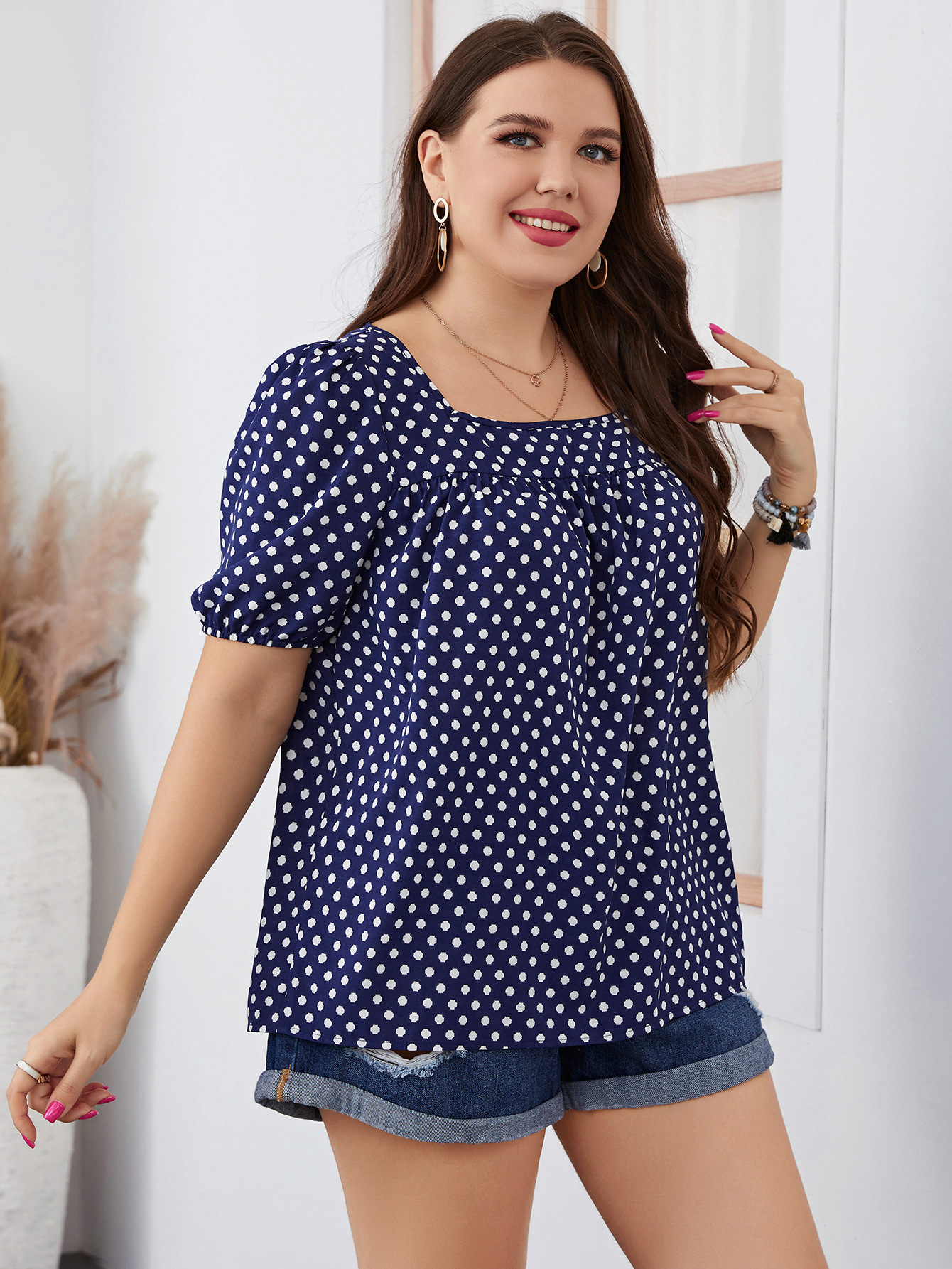 Polka Dot summer Blouse loose Plus Size Women Pullover Shirt - 图1