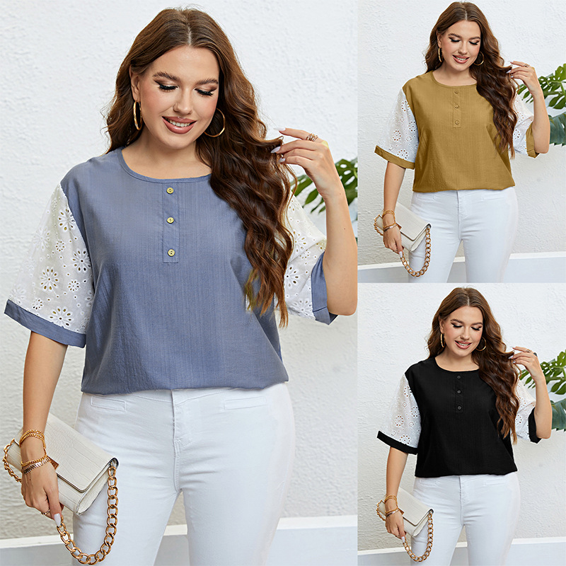 Color Block Stylish Sleeves Plus Size Casual Top for Women-图2