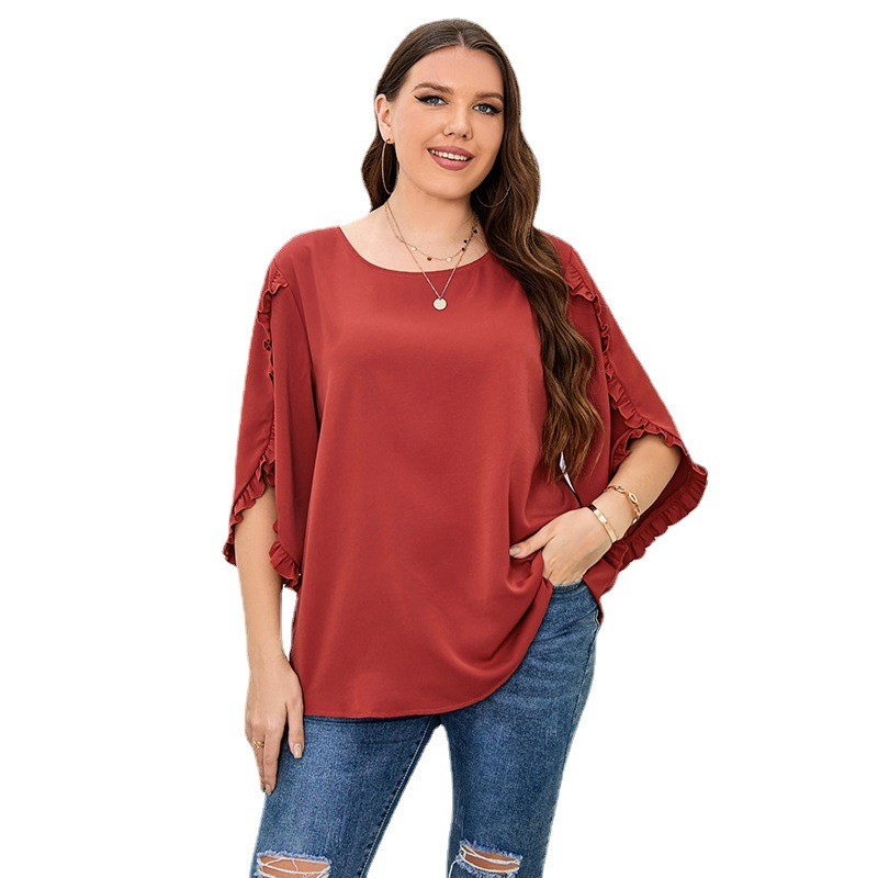 Comfortable Plus Size Red Shirt with Half Sleeves for Women - 图3