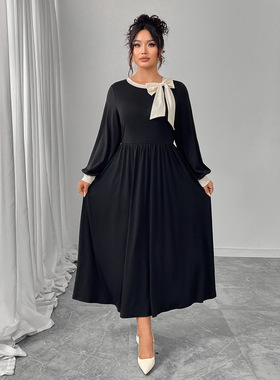 Plus Size Women's Black Dress 大码秋冬复古显瘦遮肚黑色长裙
