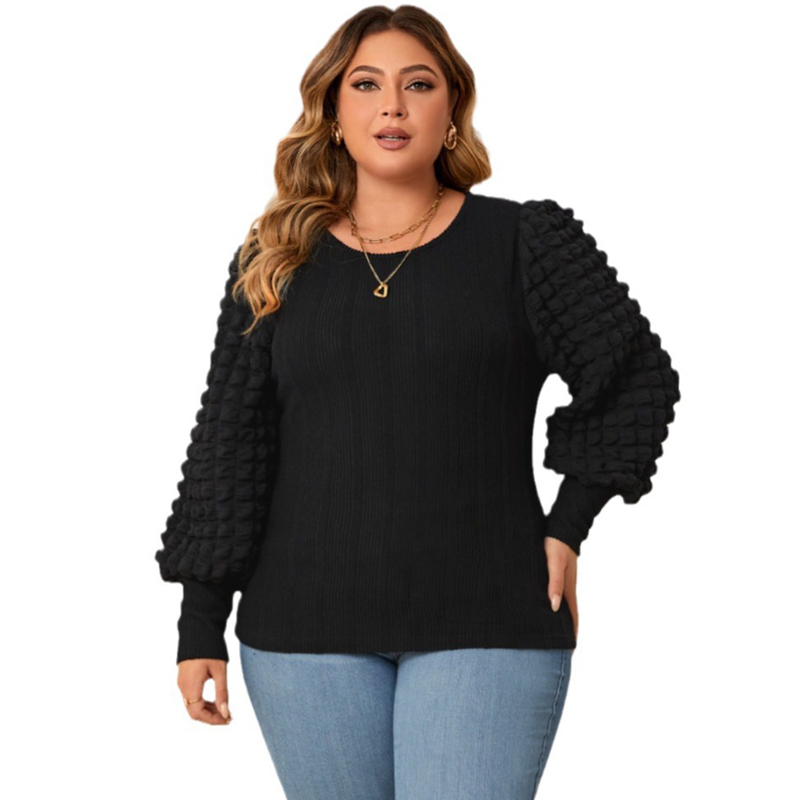 Plus Size Girl Casual Lantern Sleeve Round Neck Pullover Top - 图3