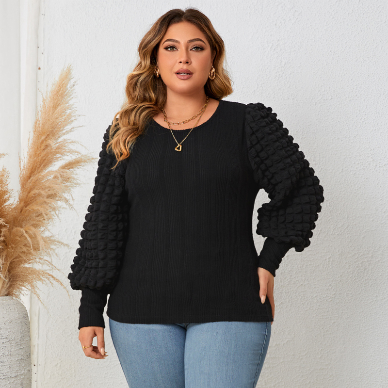 Plus Size Girl Casual Lantern Sleeve Round Neck Pullover Top - 图2