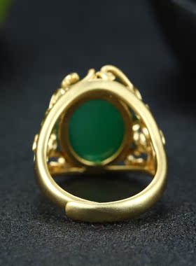 天然A货冰种玉髓镀24k真金戒指男女款帝王绿玛瑙扳指个性时尚指环