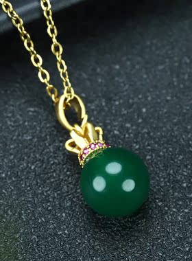 天然A货冰种帝王绿玉髓镀24k真金圆珠吊坠女款玛瑙玉石皇冠项链