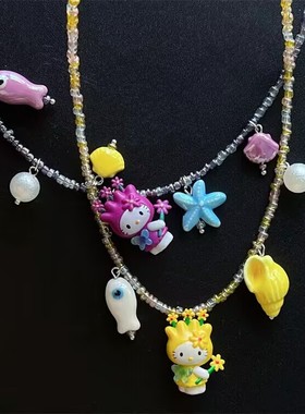 原创夏日海滩风KT串珠米珠项链女小众设计感网红甜美锁骨链配饰女