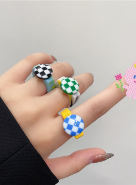彩色亚克力醋酸蝴蝶结 棋盘格子戒指  女小众设计开口食指戒