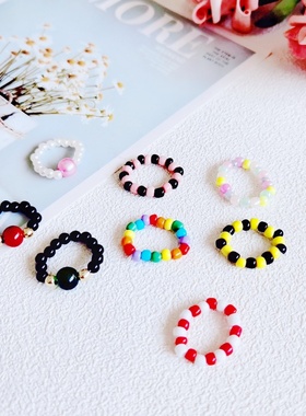 ins可爱彩色串珠花朵戒指