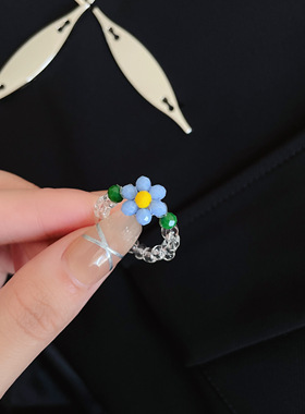 简约米珠花朵编织戒指