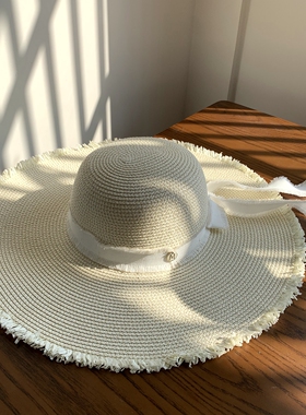 草帽可折叠白色大檐蝴蝶结飘带