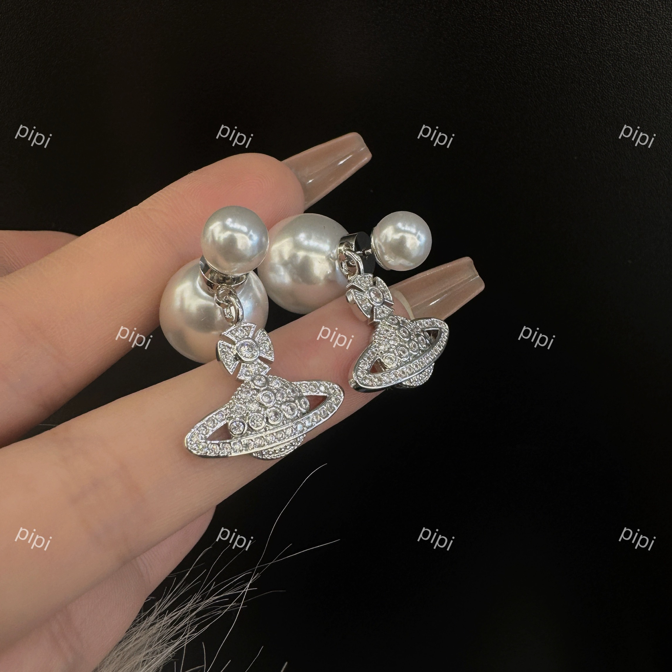 pipi韩版法式美神星球土星镶钻珍珠耳环女高级感时尚设计轻奢银针 - 图2